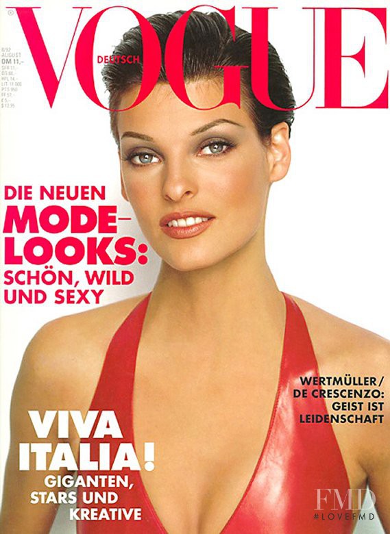 Linda Evangelista featured on the Vogue Germany cover from August 1992