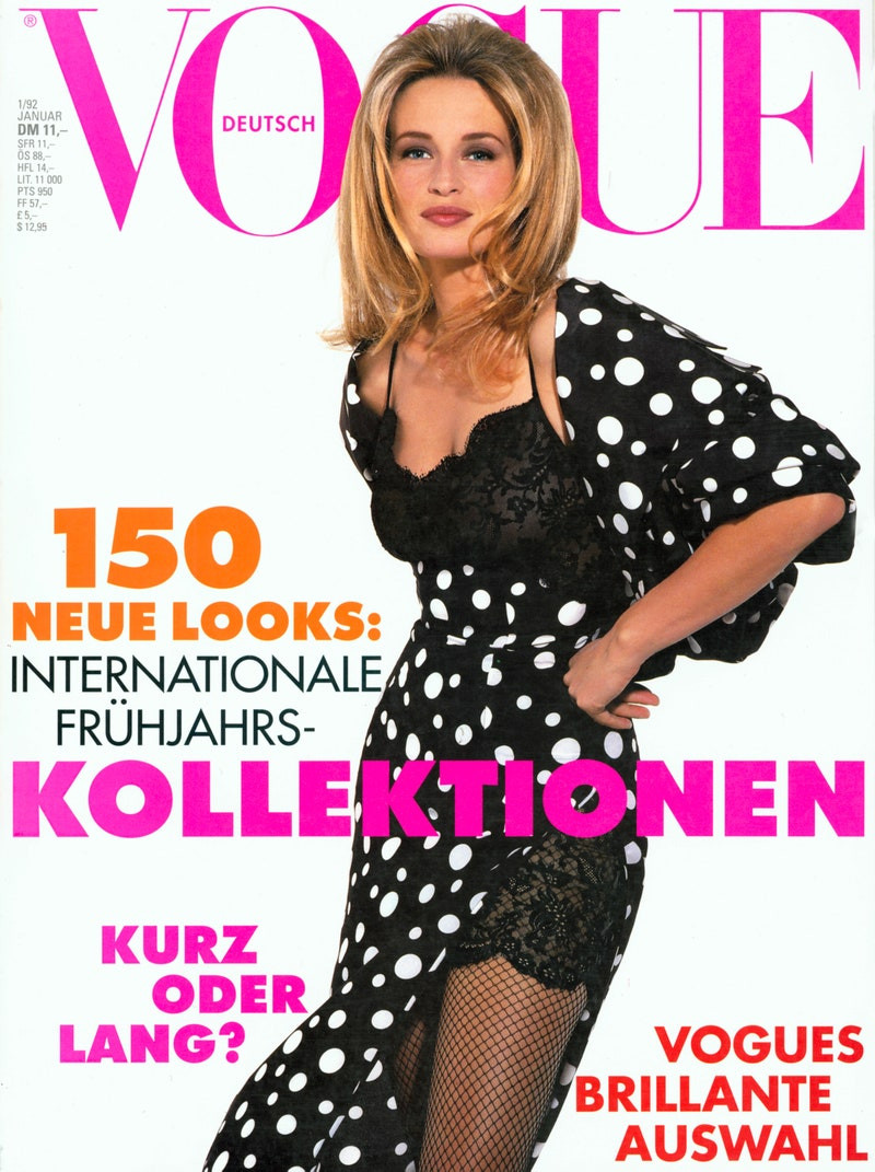 Estelle Hallyday (Lefebure) featured on the Vogue Germany cover from January 1992
