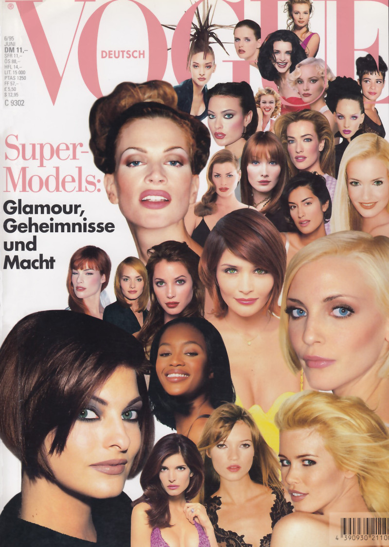 Amber Valletta, Bridget Hall, Carla Bruni, Carre Otis, Christy Turlington, Claudia Schiffer, Eva Herzigova, Helena Christensen, Kate Moss, Karen Mulder, Linda Evangelista, Nadja Auermann, Naomi Campbell, Shalom Harlow, Stephanie Seymour featured on the Vogue Germany cover from June 1995