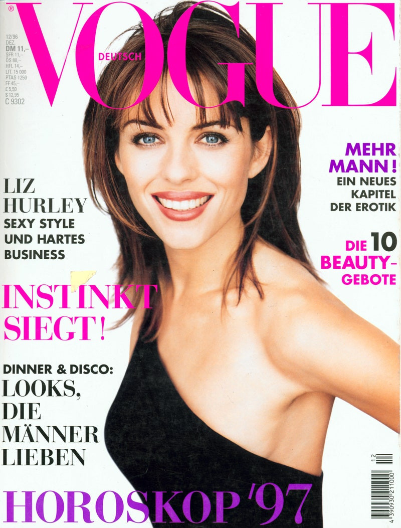 Elizabeth Hurley featured on the Vogue Germany cover from December 1996