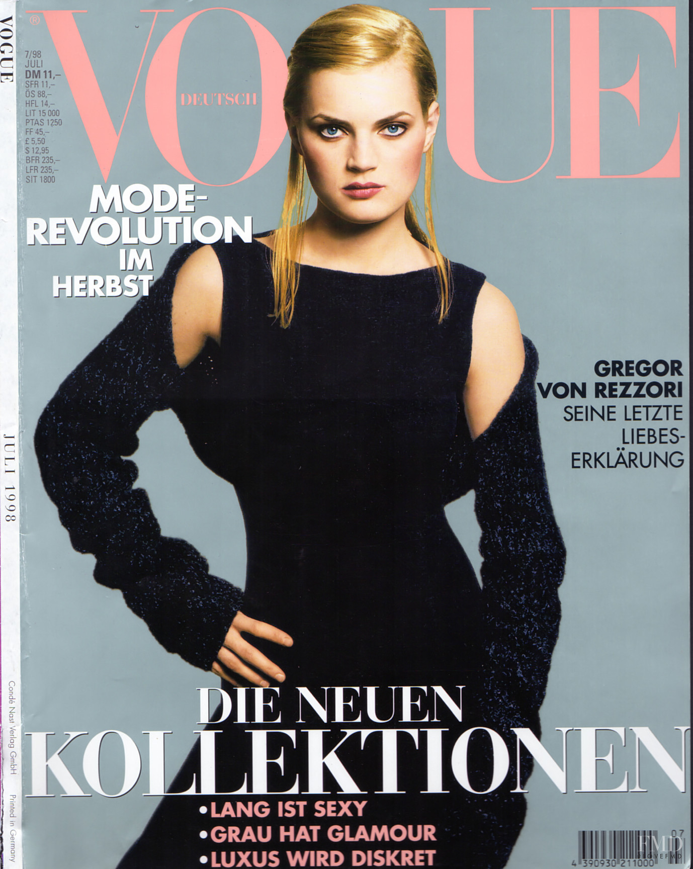 Cover of Vogue Germany with Guinevere van Seenus, July 1998 (ID:57354 ...