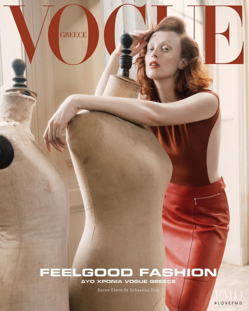 Karen Elson featured on the Vogue Greece cover from April 2021
