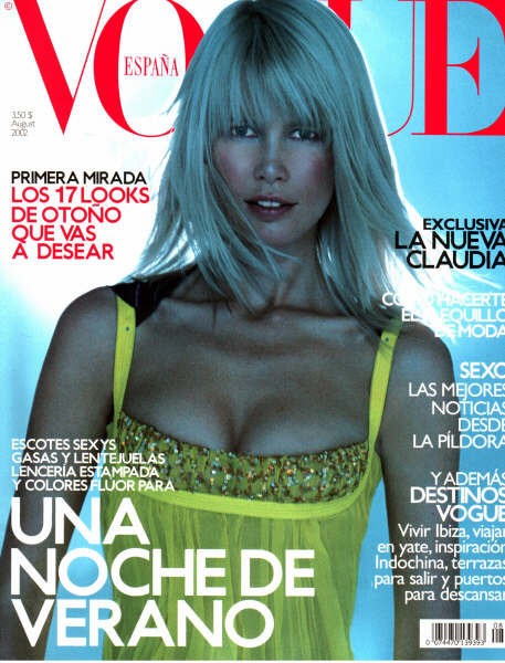 Claudia Schiffer featured on the Vogue Spain cover from August 2002