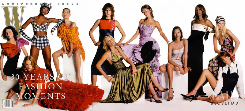 Christy Turlington, Cindy Crawford, Claudia Schiffer, Gisele Bundchen, Kate Moss, Maggie Rizer, Naomi Campbell, Natalia Vodianova, Iman Abdulmajid featured on the W cover from August 2002