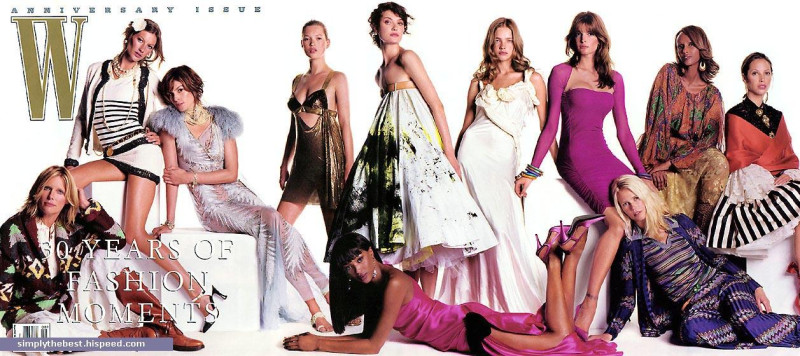 Christy Turlington, Claudia Schiffer, Gisele Bundchen, Kate Moss, Naomi Campbell, Natalia Vodianova, Iman Abdulmajid featured on the W cover from August 2002