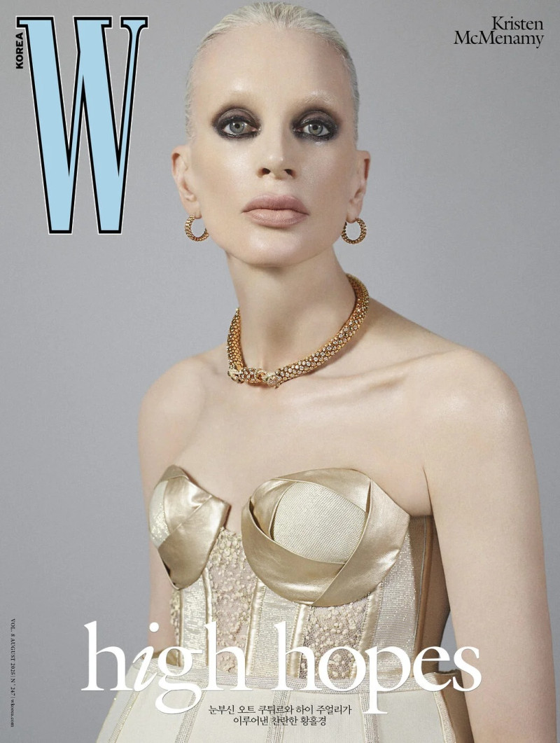 Kristen McMenamy featured on the W cover from August 2025