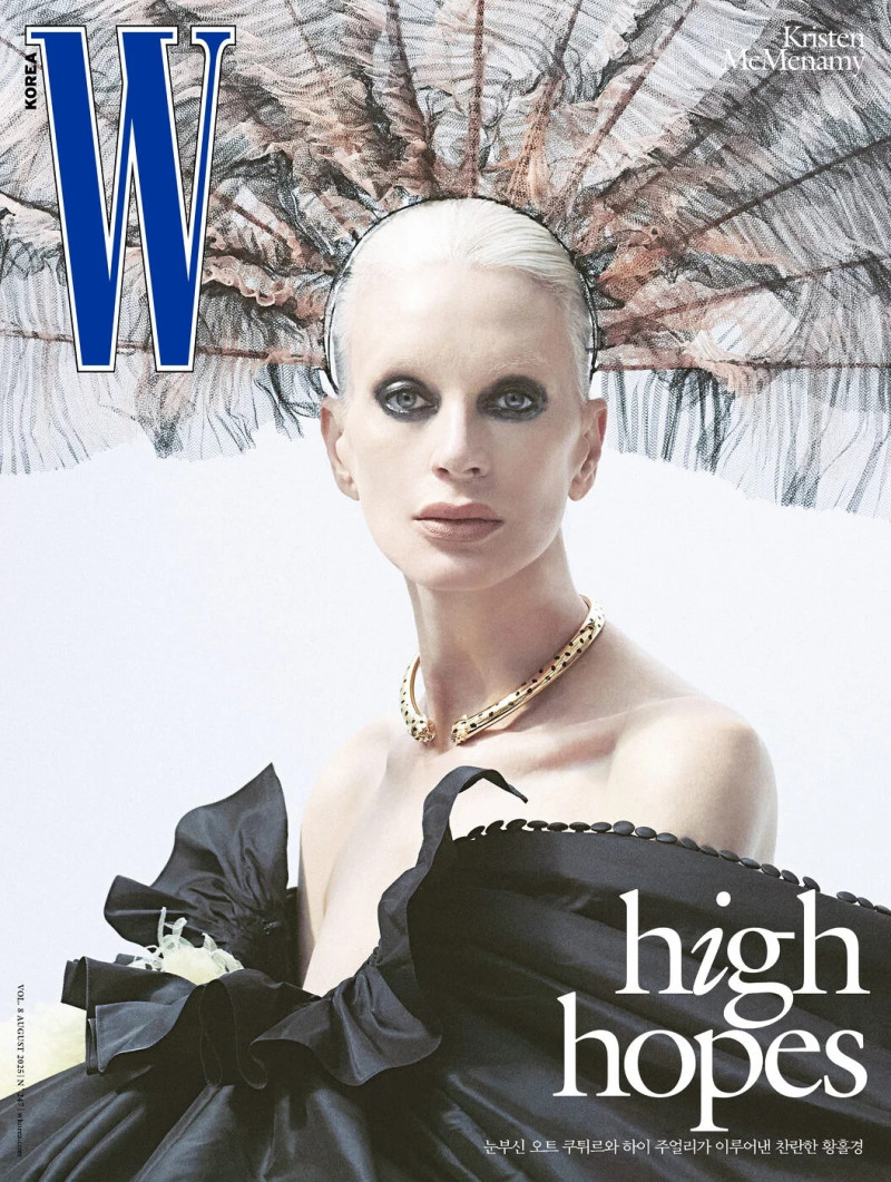 Kristen McMenamy featured on the W cover from August 2025