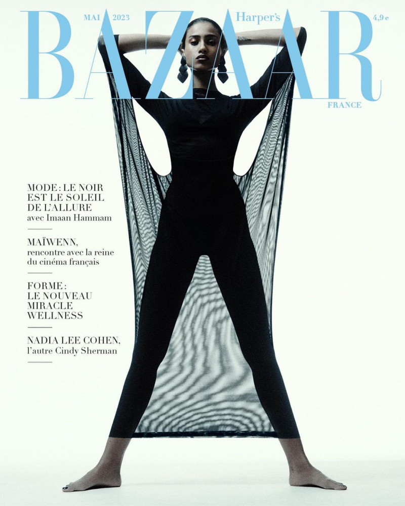 Imaan Hammam featured on the Harper\'s Bazaar France cover from May 2023