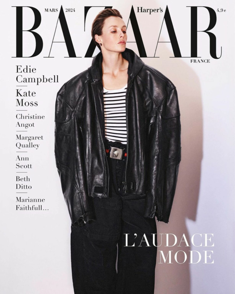 Edie Campbell featured on the Harper\'s Bazaar France cover from March 2024
