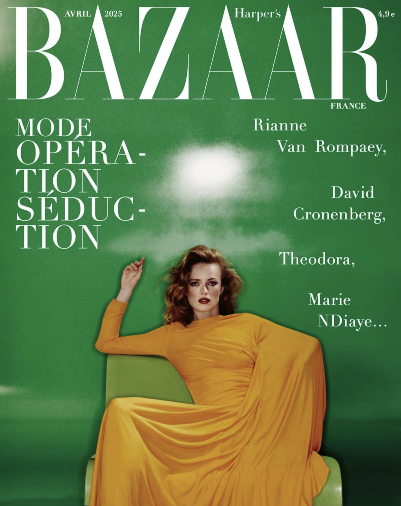 Rianne Van Rompaey featured on the Harper\'s Bazaar France cover from April 2025