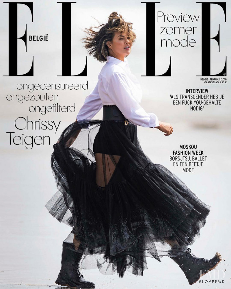 Christine Teigen featured on the Elle Belgium cover from February 2019