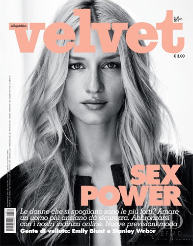 Linda Vojtova featured on the Velvet Italy cover from August 2012