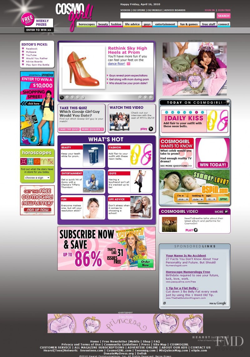  featured on the Cosmogirl.com cover from April 2010