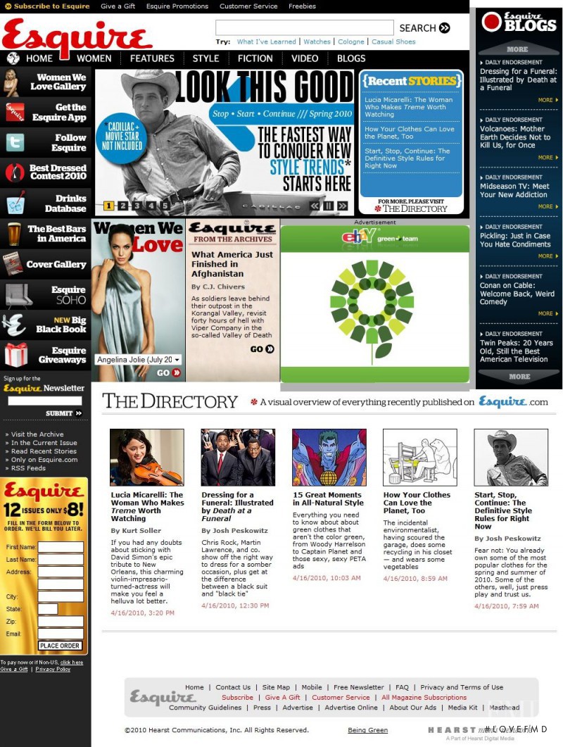  featured on the Esquire.com screen from April 2010