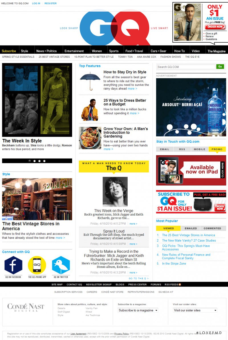  featured on the GQ.com screen from April 2010