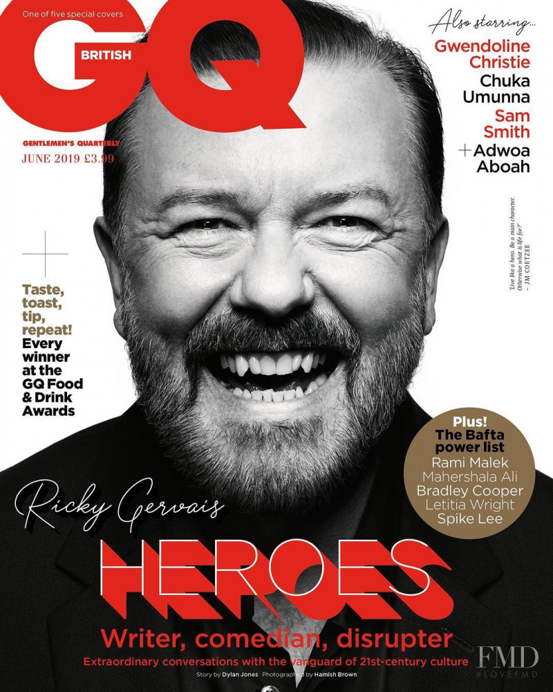 Ricky Gervais featured on the GQ UK cover from June 2019