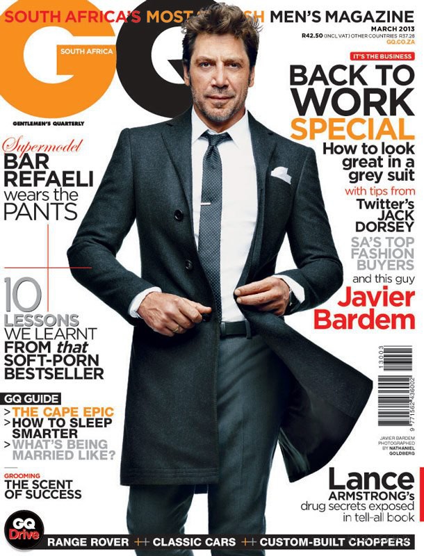 Javier Bardem featured on the GQ South Africa cover from March 2013