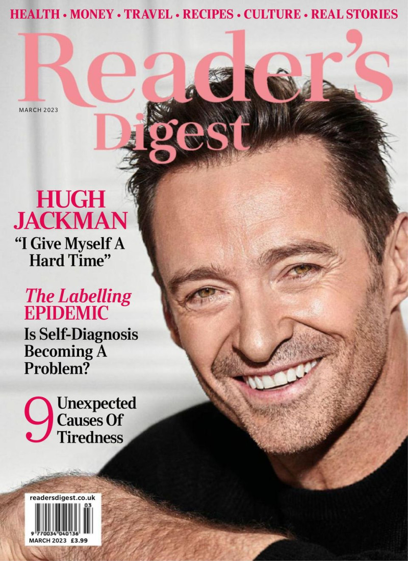 Hugh Jackman featured on the Reader\'s Digest UK cover from March 2023