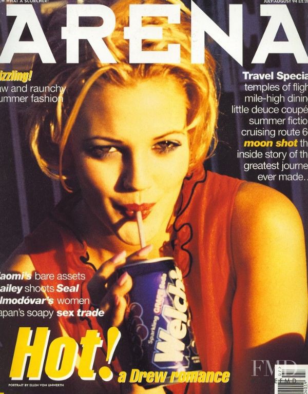 Drew Barrymore featured on the Arena cover from July 1994