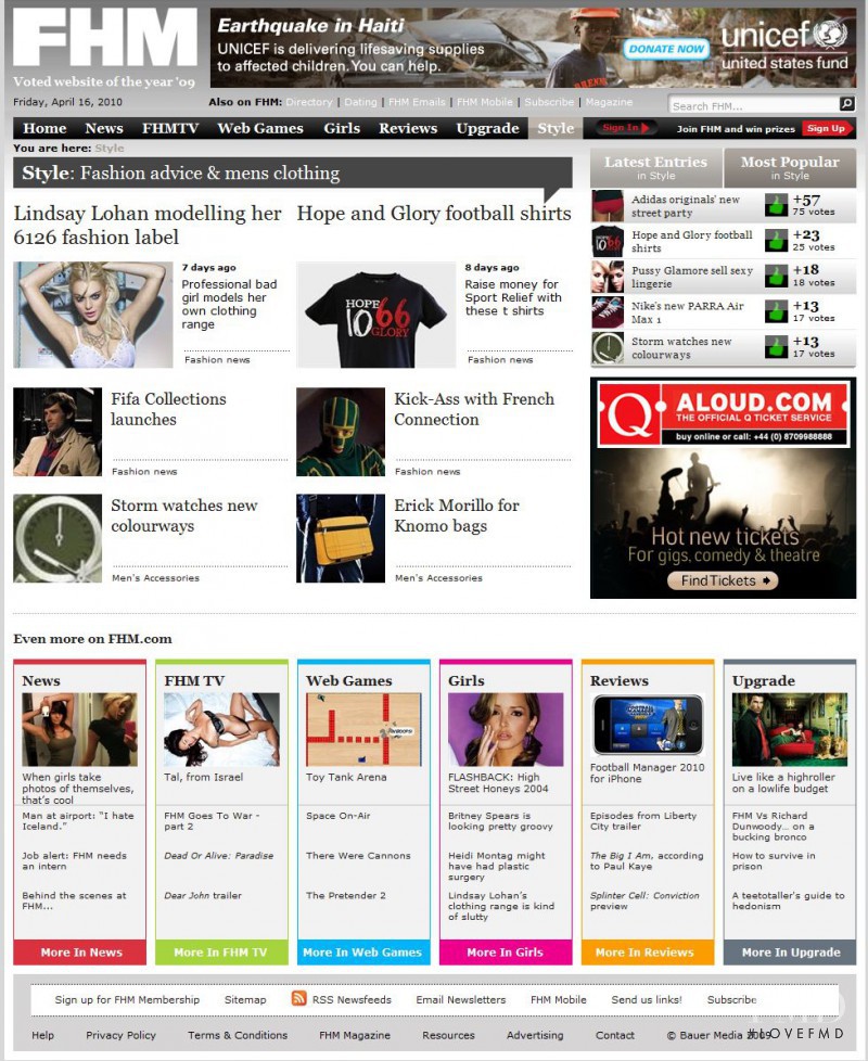  featured on the Arena.co.uk screen from April 2010