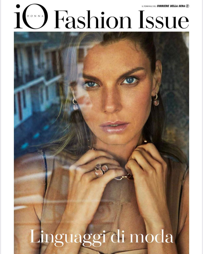 Angela Lindvall featured on the Io Donna Fashion Issue cover from October 2019