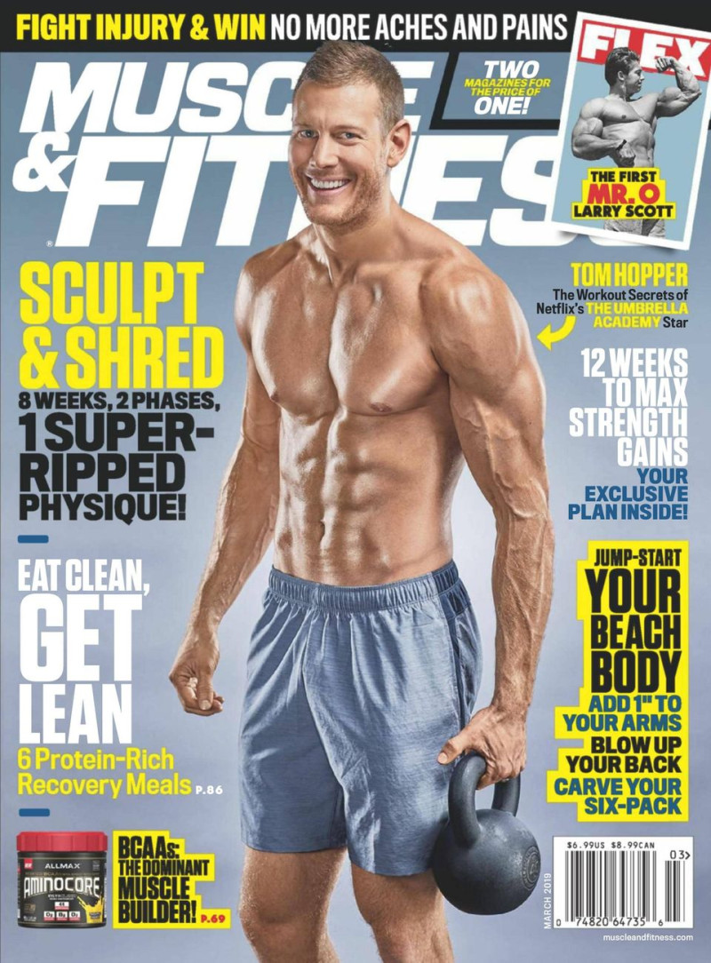 Tom Hopper featured on the Muscle & Fitness cover from March 2019