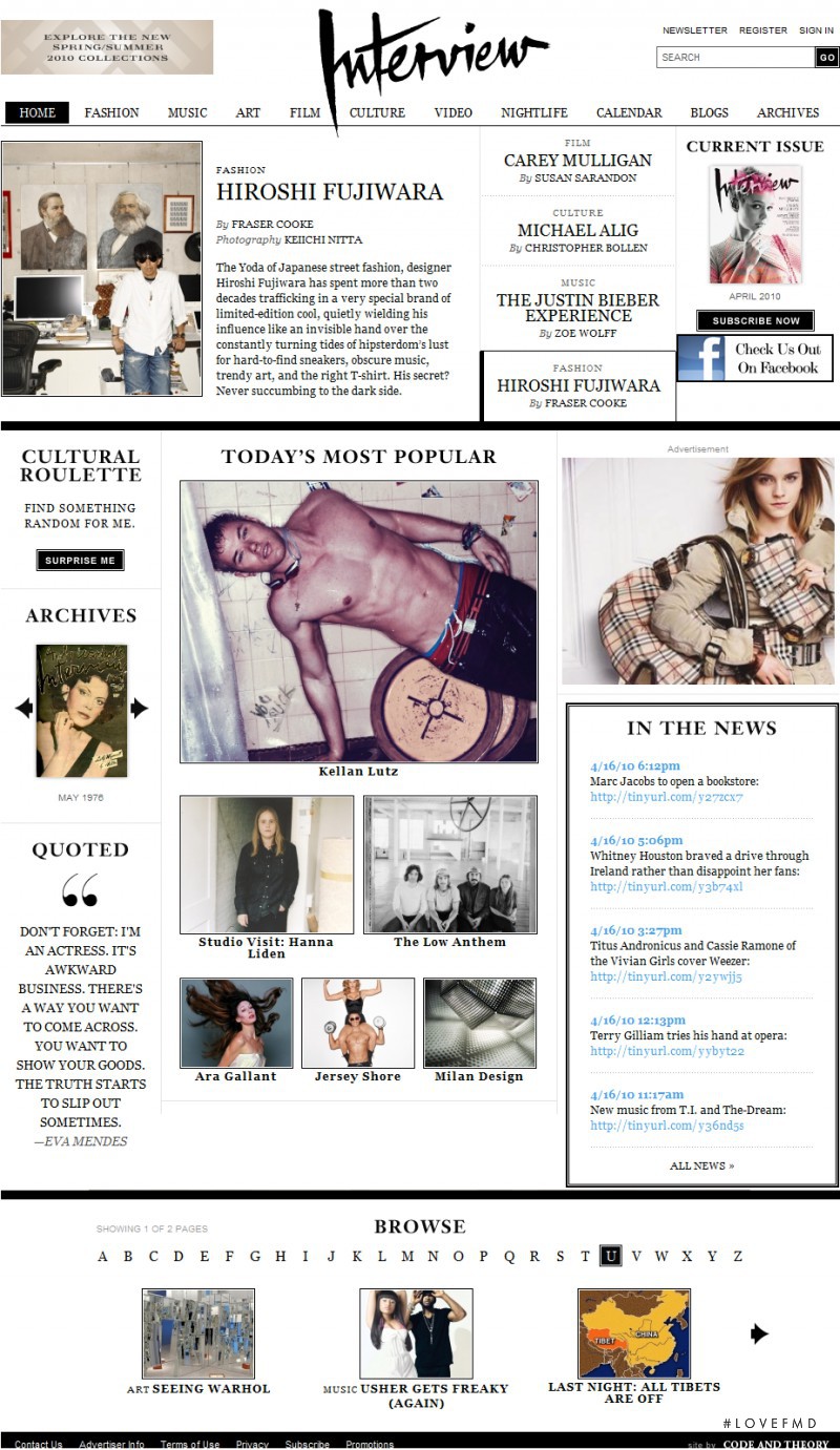  featured on the InterviewMagazine.com screen from April 2010