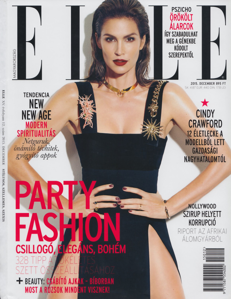 Cindy Crawford featured on the Elle Hungary cover from December 2015