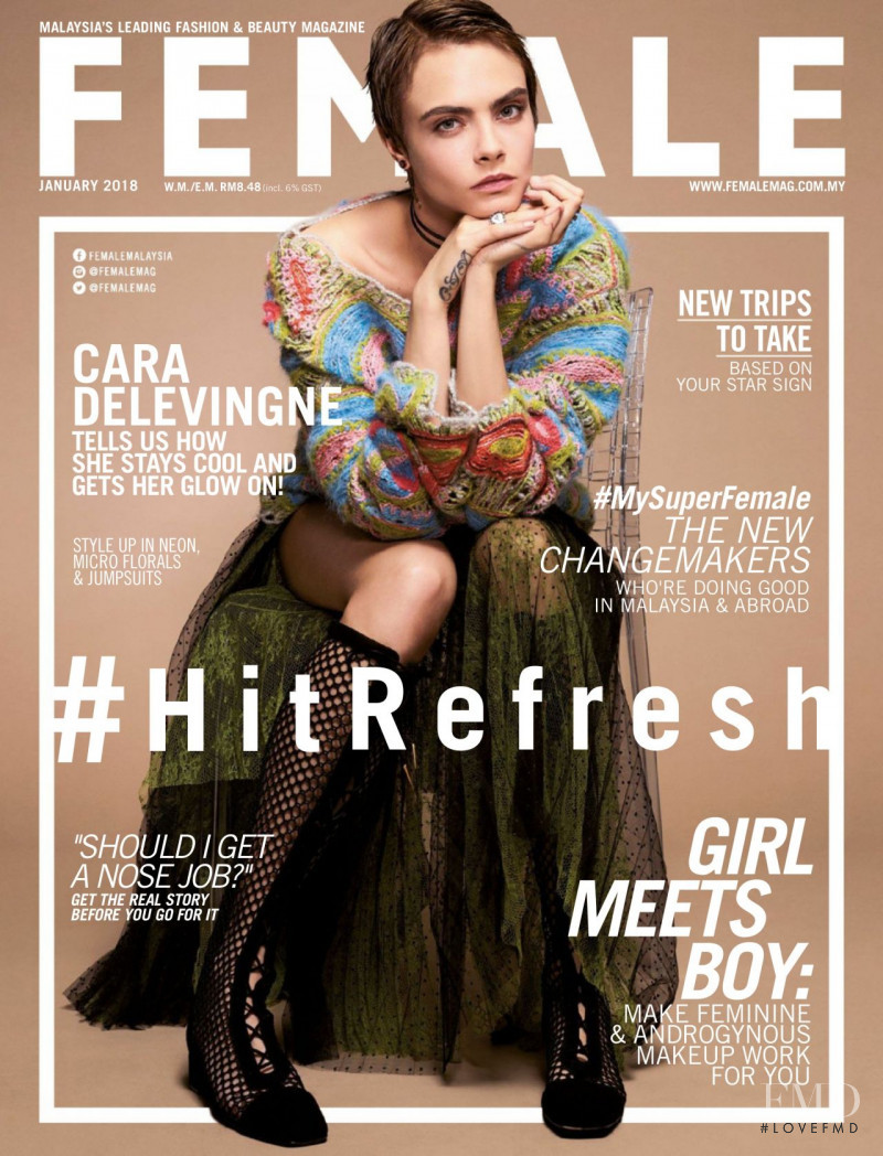 Cara Delevingne featured on the female Malaysia cover from January 2018