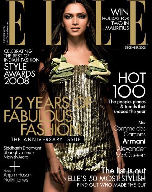 Deepika Padukone featured on the Elle India cover from December 2008