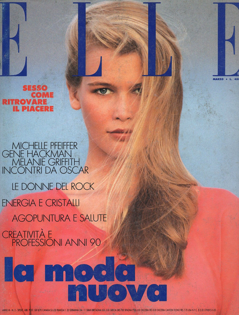 Claudia Schiffer featured on the Elle Italy cover from March 1989