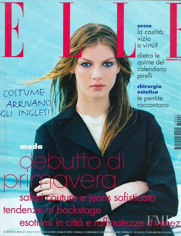 Angela Lindvall featured on the Elle Italy cover from February 1997