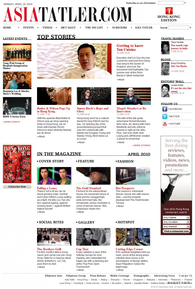  featured on the HKTatler.com screen from April 2010