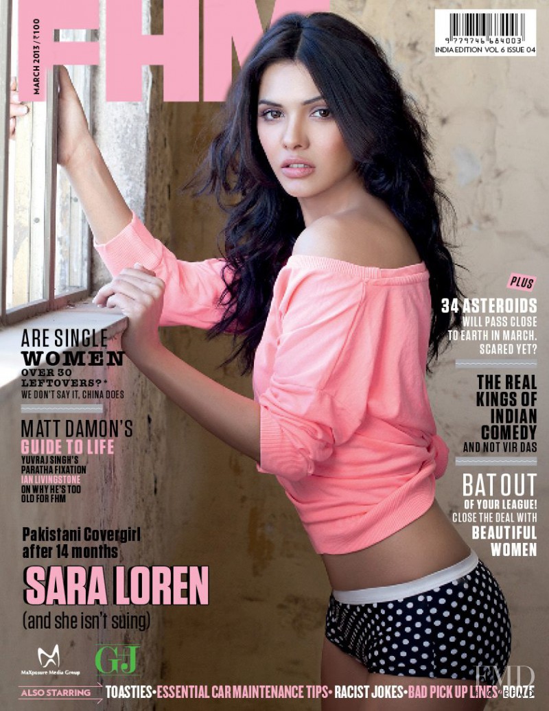 Sara Loren featured on the FHM India cover from March 2013