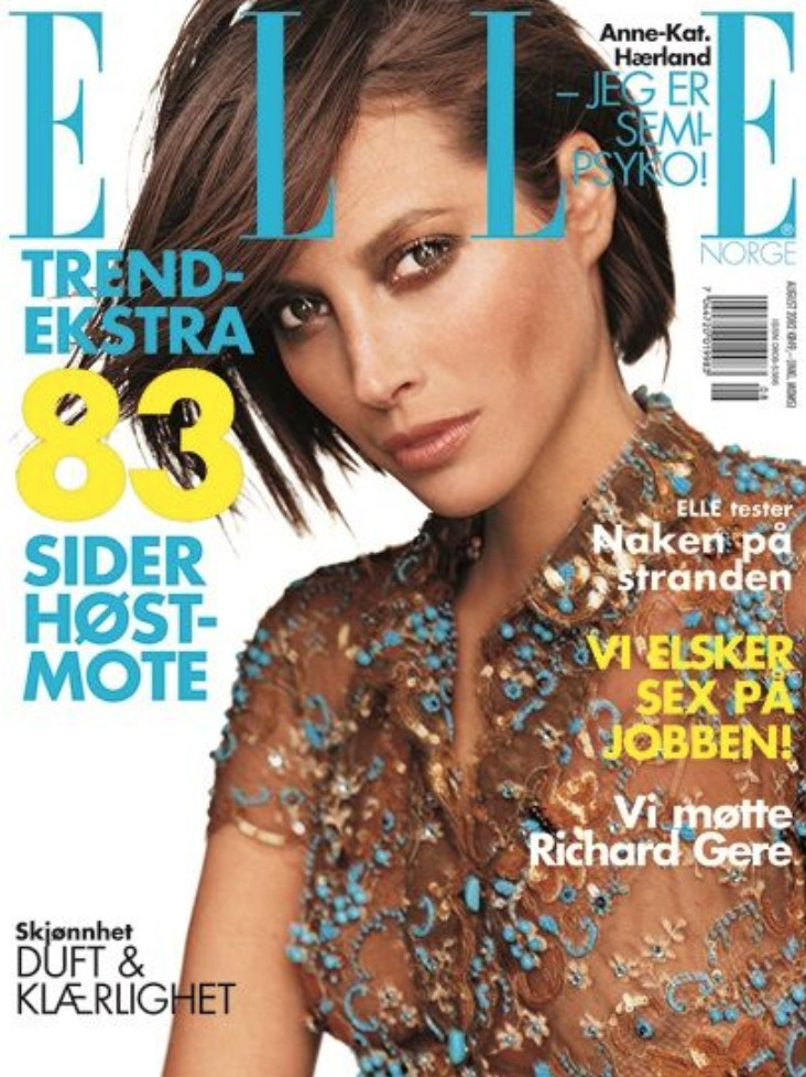 Christy Turlington featured on the Elle Norway cover from August 2002