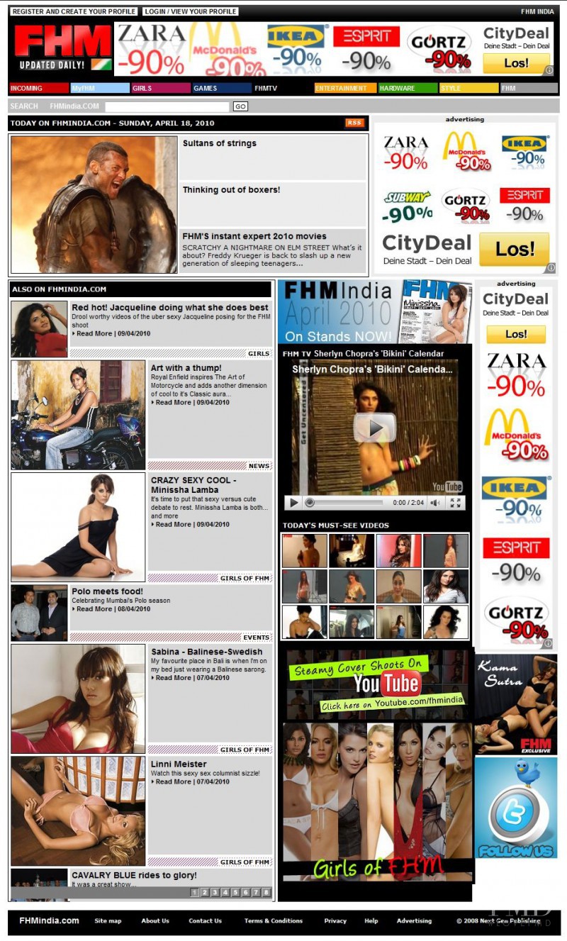  featured on the FHMIndia.com screen from April 2010