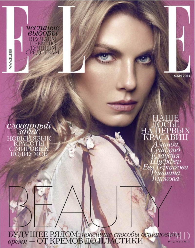 Angela Lindvall featured on the Elle Russia cover from March 2014