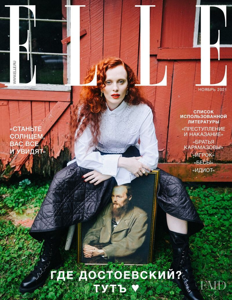 Karen Elson featured on the Elle Russia cover from November 2021