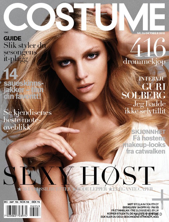 Anja Rubik featured on the Costume Norway cover from October 2010