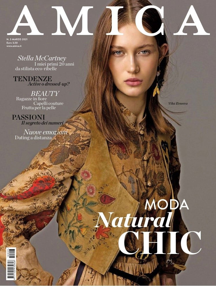 Vika Evseeva featured on the AMICA Italy cover from March 2021