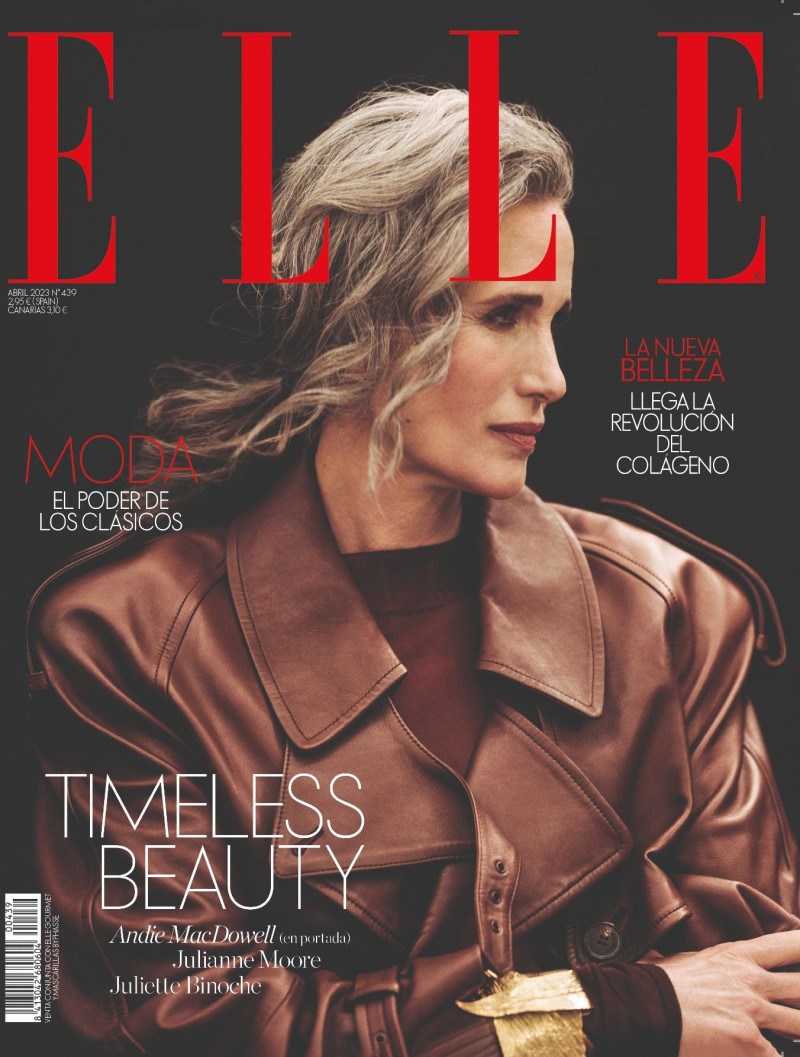 Andie MacDowell featured on the Elle Spain cover from April 2023