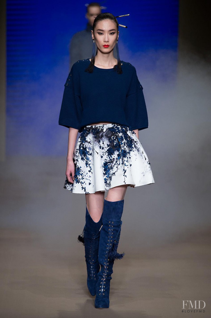 Dongqi Xue featured in  the Elisabetta Franchi fashion show for Autumn/Winter 2015