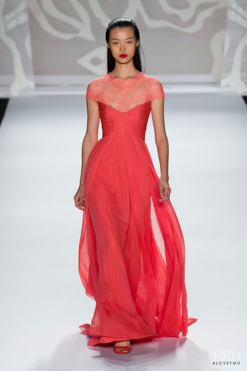 Tian Yi featured in  the Monique Lhuillier fashion show for Spring/Summer 2014