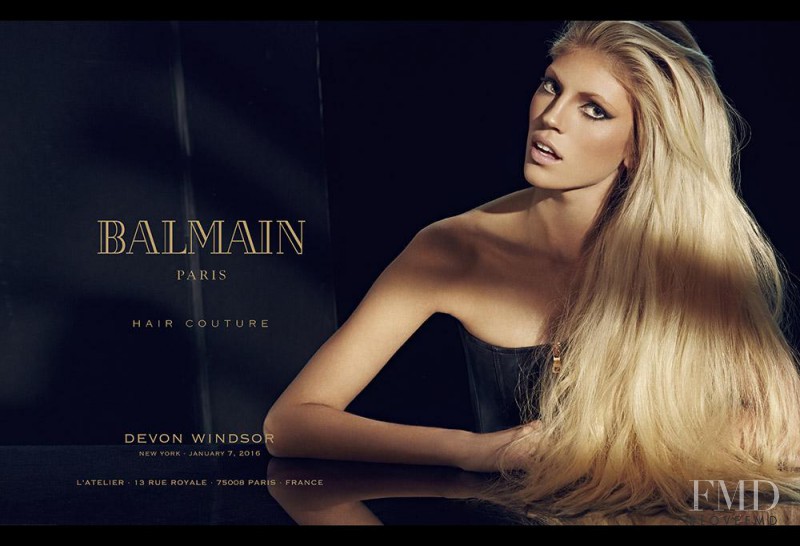 Devon Windsor featured in  the Balmain Hair Couture advertisement for Spring/Summer 2016