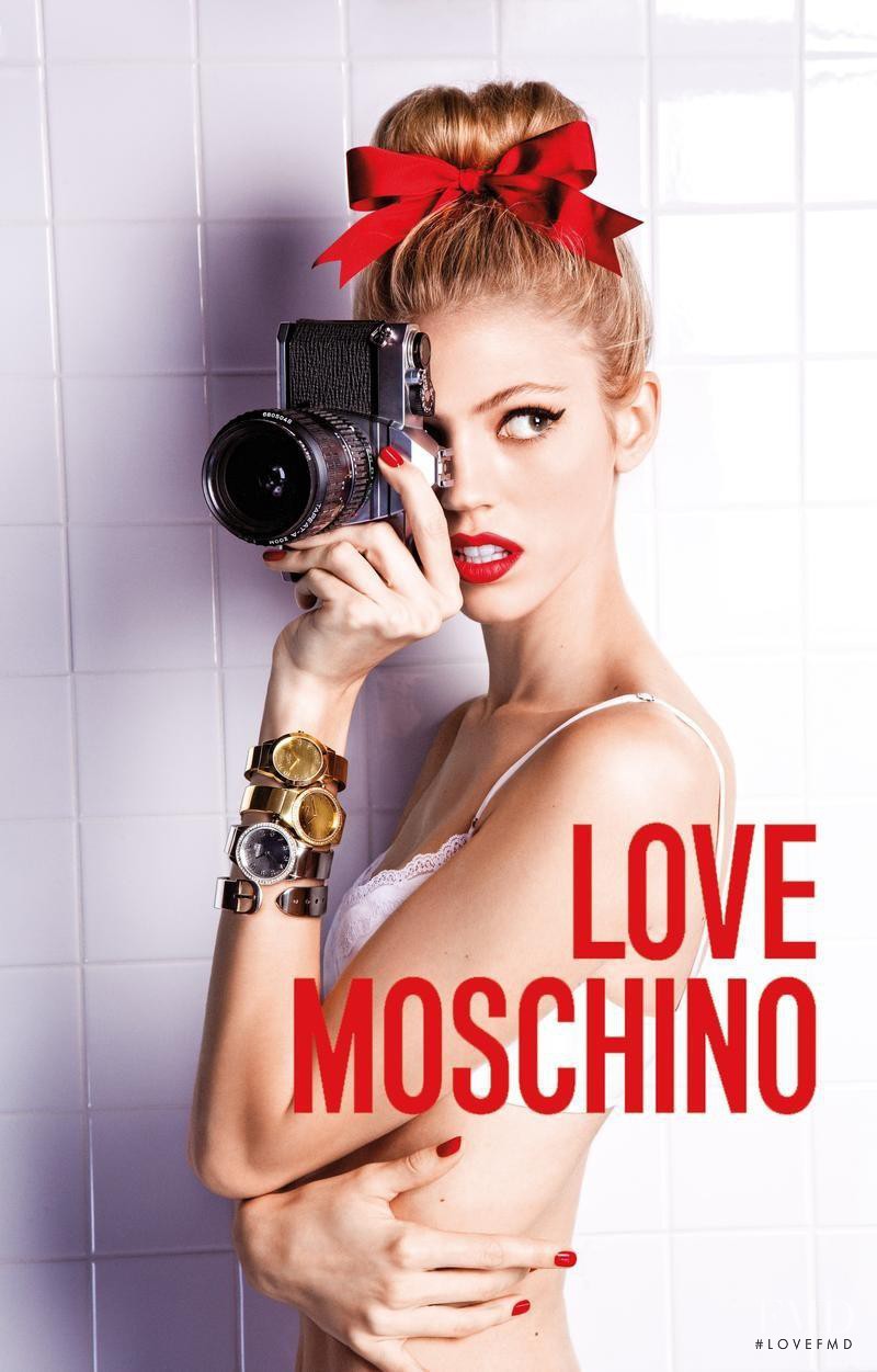 Devon Windsor featured in  the Love Moschino advertisement for Autumn/Winter 2013