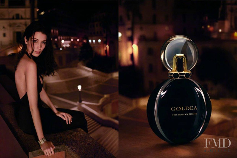 Bella Hadid featured in  the Bulgari  \'Goldea The Roman Night\' Fragrance advertisement for Autumn/Winter 2017
