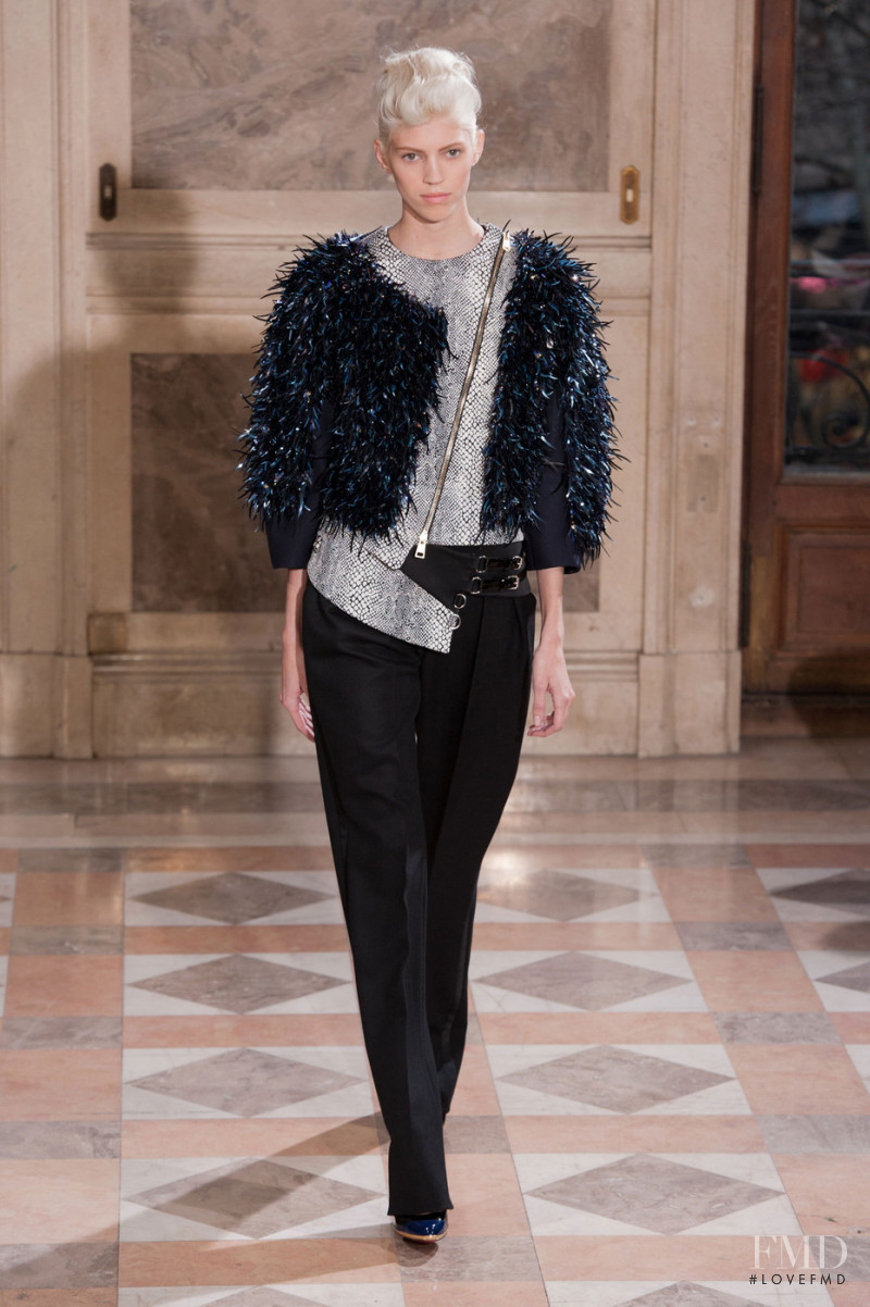 Devon Windsor featured in  the Bouchra Jarrar fashion show for Spring/Summer 2014