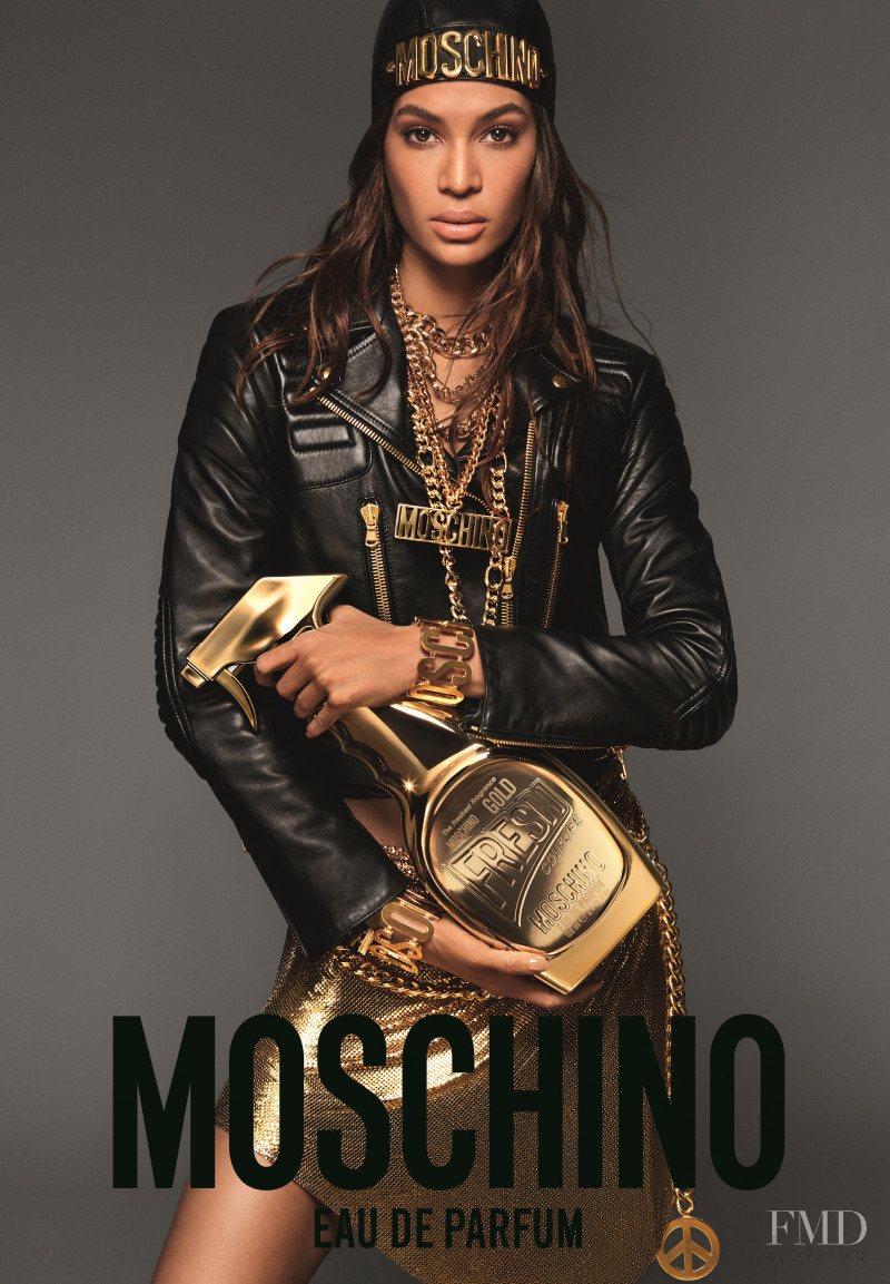 Joan Smalls featured in  the Moschino Fragrance \'Fresh Couture Gold\' Fragrance advertisement for Winter 2017