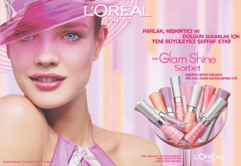 Natalia Vodianova featured in  the L\'Oreal Paris Glam Shine Sorbet advertisement for Spring/Summer 2004