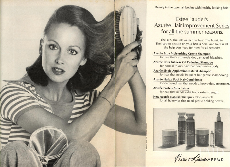 Karen Graham featured in  the Estée Lauder Azurée Hair Improvement Series advertisement for Spring/Summer 1976